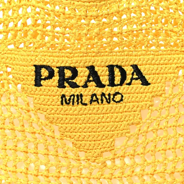 Prada Large Effect Crochet Logo Embroidered Tote Bag Giallo Yarn Raffia - Image 8