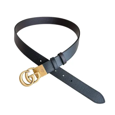 Gucci Women's Double G Buckle Belt In Black Grained Calfskin With Gold Hardware 30mm