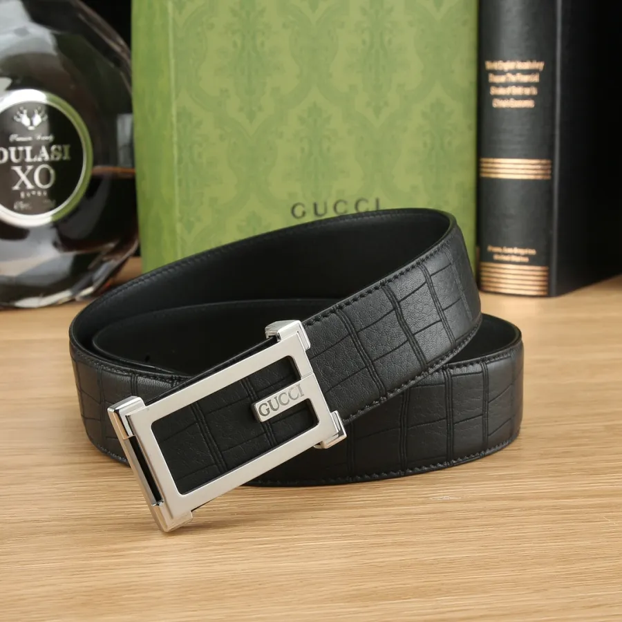 Gucci Men's Square Buckle Belt In Black Embossed Crocodile Calfskin With Gold/Silver Hardware 35mm