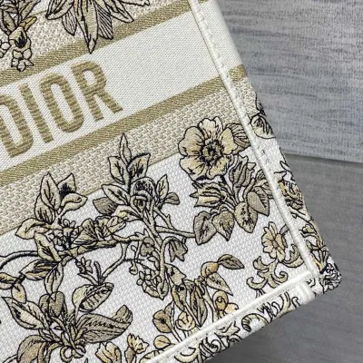 Dior Medium Book Tote White Embroidered with Metallic Thread and Gold Millefiori Unicorn Motif