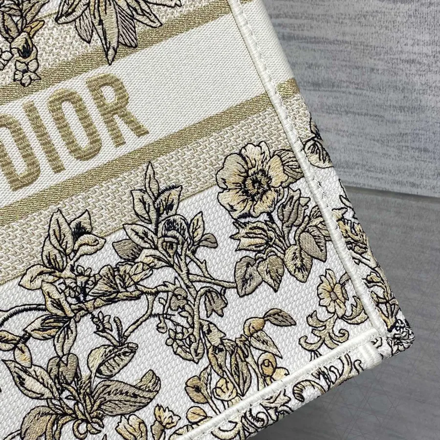 Dior Medium Book Tote White Embroidered with Metallic Thread and Gold Millefiori Unicorn Motif