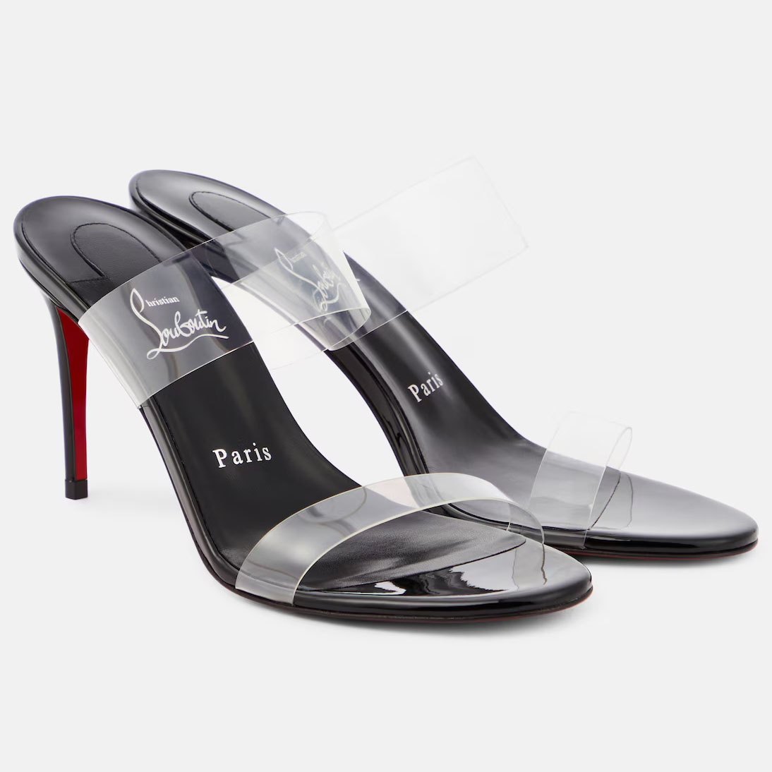 Christian Louboutin Chinelos de salto alto em couro preto e tecido de PVC