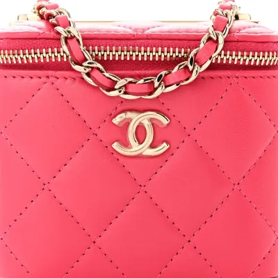Chanel Trendy Mini Vanity Case With Chain Dark Pink Quilted Lambskin Leather Gold Hardware