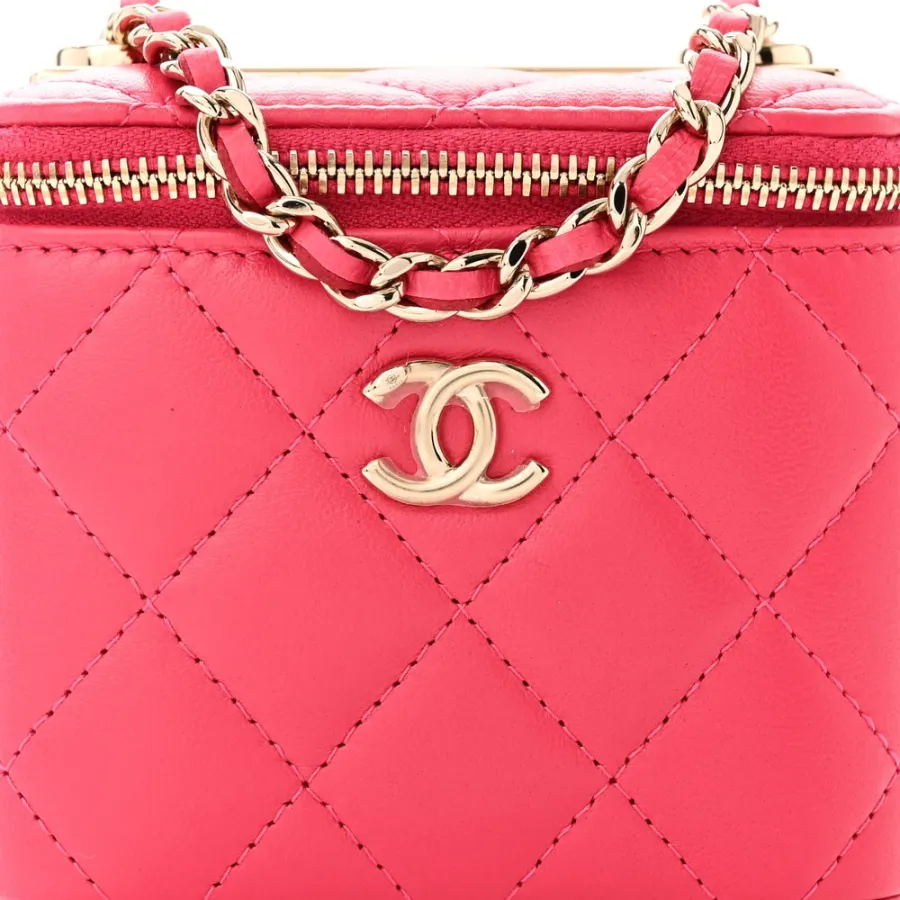 Chanel Trendy Mini Vanity Case With Chain Dark Pink Quilted Lambskin Leather Gold Hardware