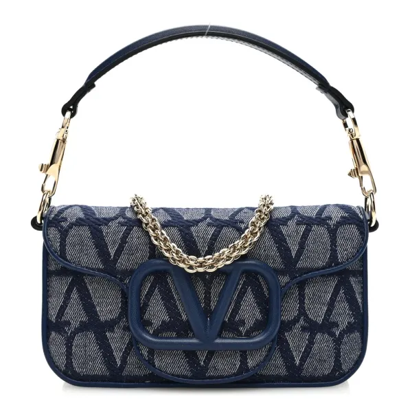 Valentino Garavani Small Locò Shoulder Bag Melange Denim/Worker Toile Iconographe Cotton VLogo Gold Hardware