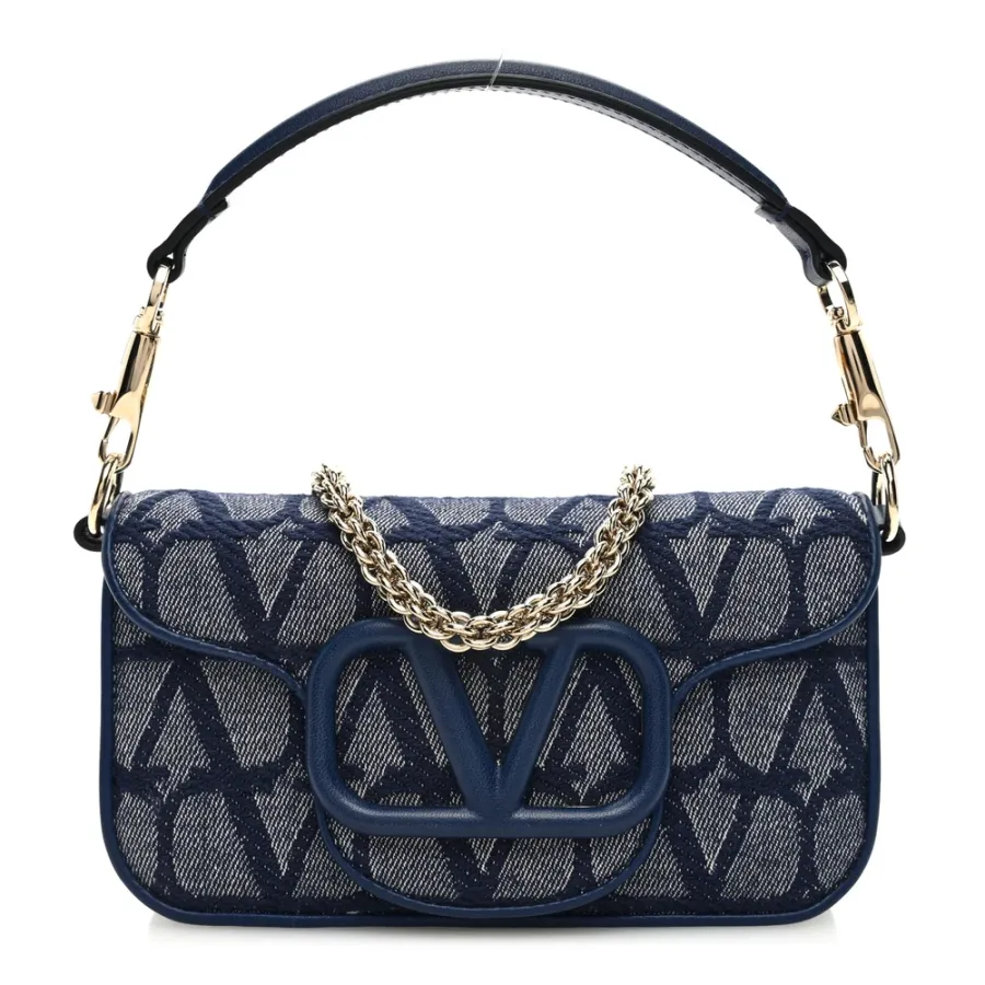 Valentino Garavani Small Locò Shoulder Bag Melange Denim/Worker Toile Iconographe Cotton VLogo Gold Hardware