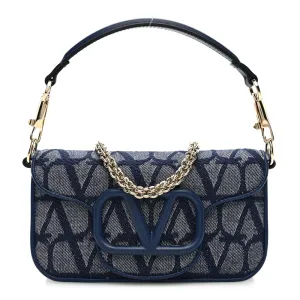 Valentino Garavani Small Locò Shoulder Bag Melange Denim/Worker Toile Iconographe Cotton VLogo Gold Hardware