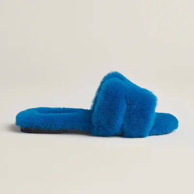 HERMES Oran plush Blue Slippers
