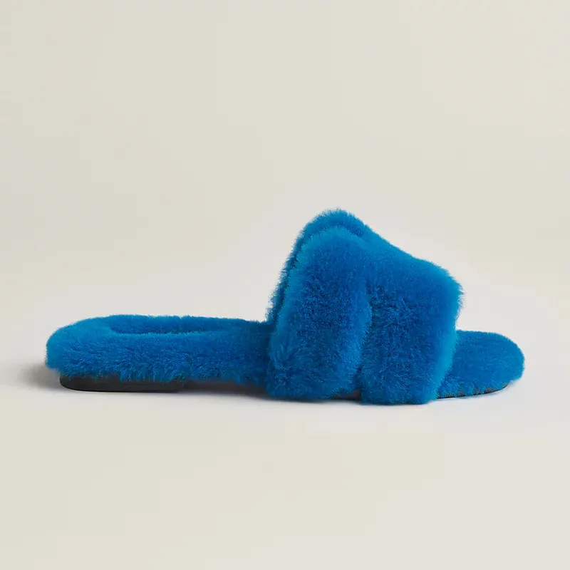 HERMES Oran plush Blue Slippers