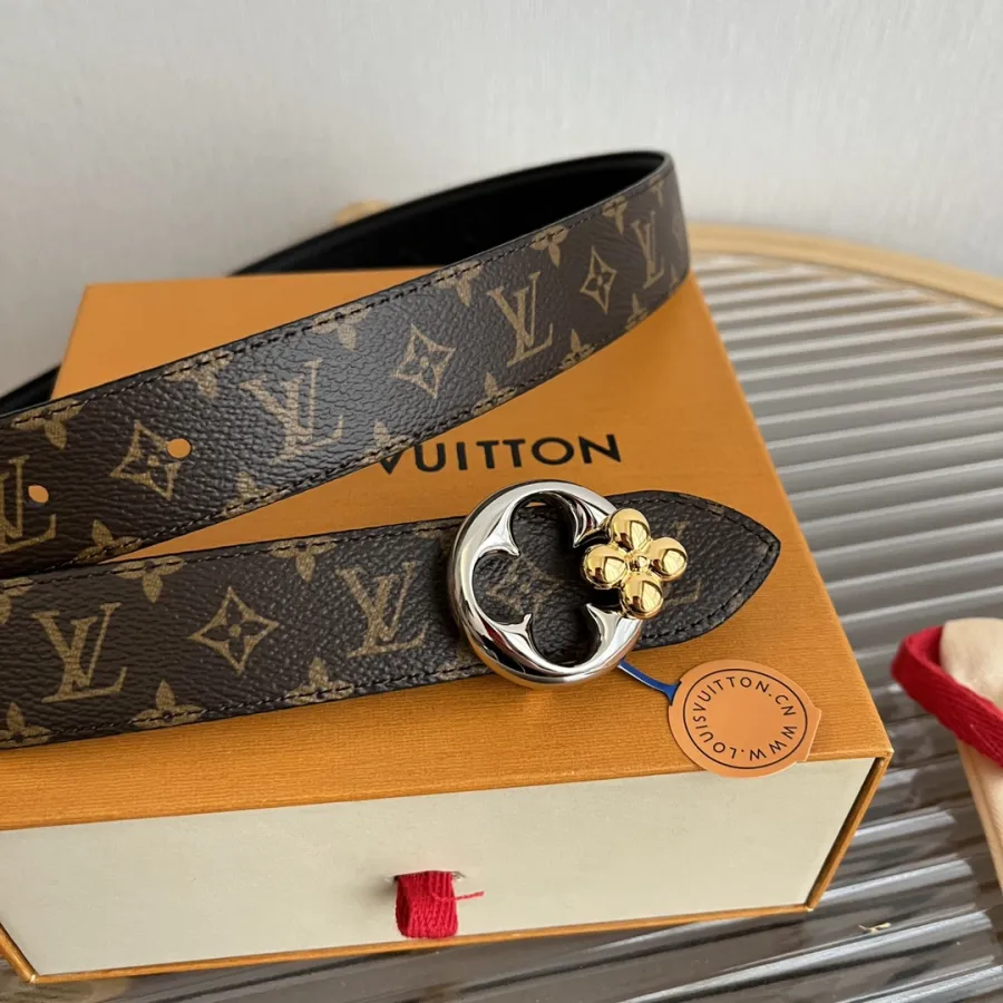 Louis Vuitton Women's Flowergram Round Buckle Reversible Belt In Black/White/Brown Calfskin And Monogram Canvas With Gold/Silver Hardware 30mm