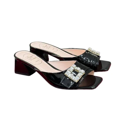 Roger Vivier Très Vivier Mules High Heels In White/Black Patent Leather With Crystal Buckle (Heel Height 3.5cm)