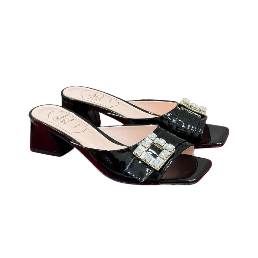 Roger Vivier Très Vivier Mules High Heels In White/Black Patent Leather With Crystal Buckle (Heel Height 3.5cm)