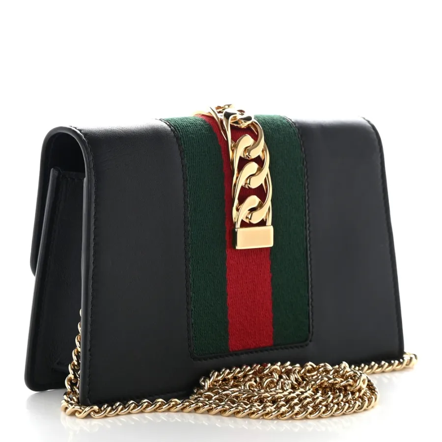 Gucci Super Mini Sylvie Chain Shoulder Bag Black Calfskin Leather Gold Hardware