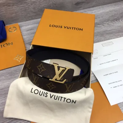 Louis Vuitton Women's Initiales Reversible Belt In Bkue/Black/Grey/Brown/Burgundy/Red/Pink Calfskin And Monogram Canvas With Gold Hardware 30mm