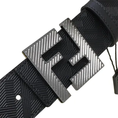 Fendi Men's FF Buckle Belt In Black F Embossed Calfskin With Gun Black Hardware 38mm