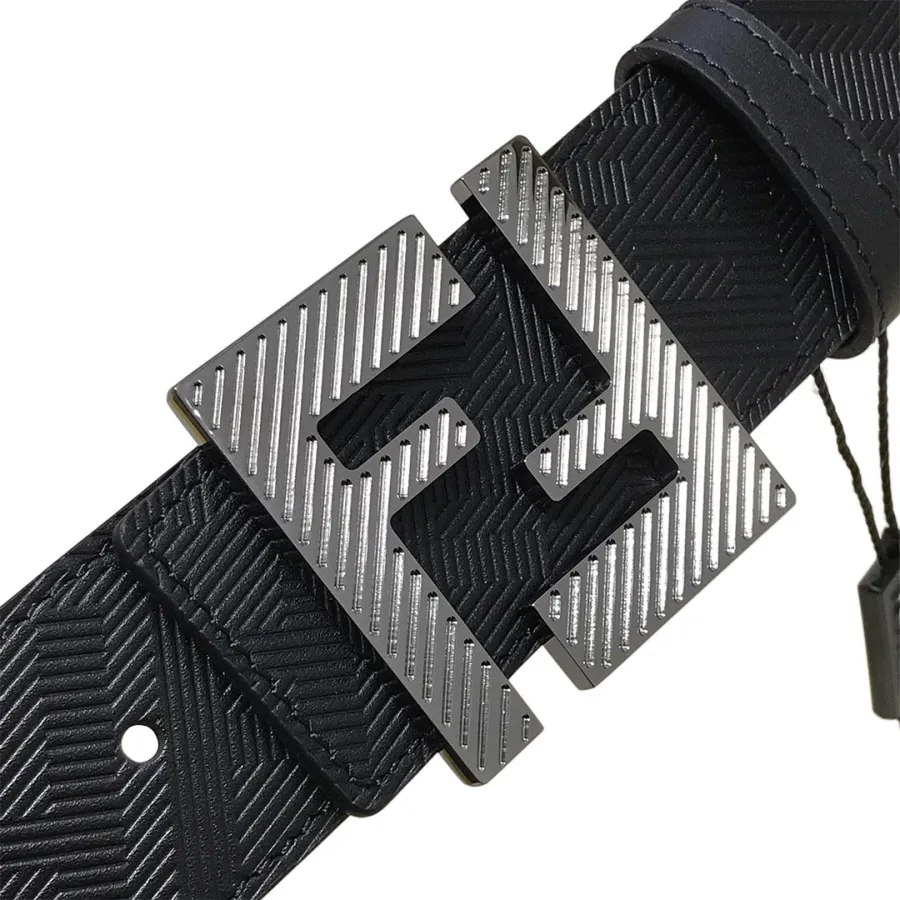 Fendi Men's FF Buckle Belt In Black F Embossed Calfskin With Gun Black Hardware 38mm
