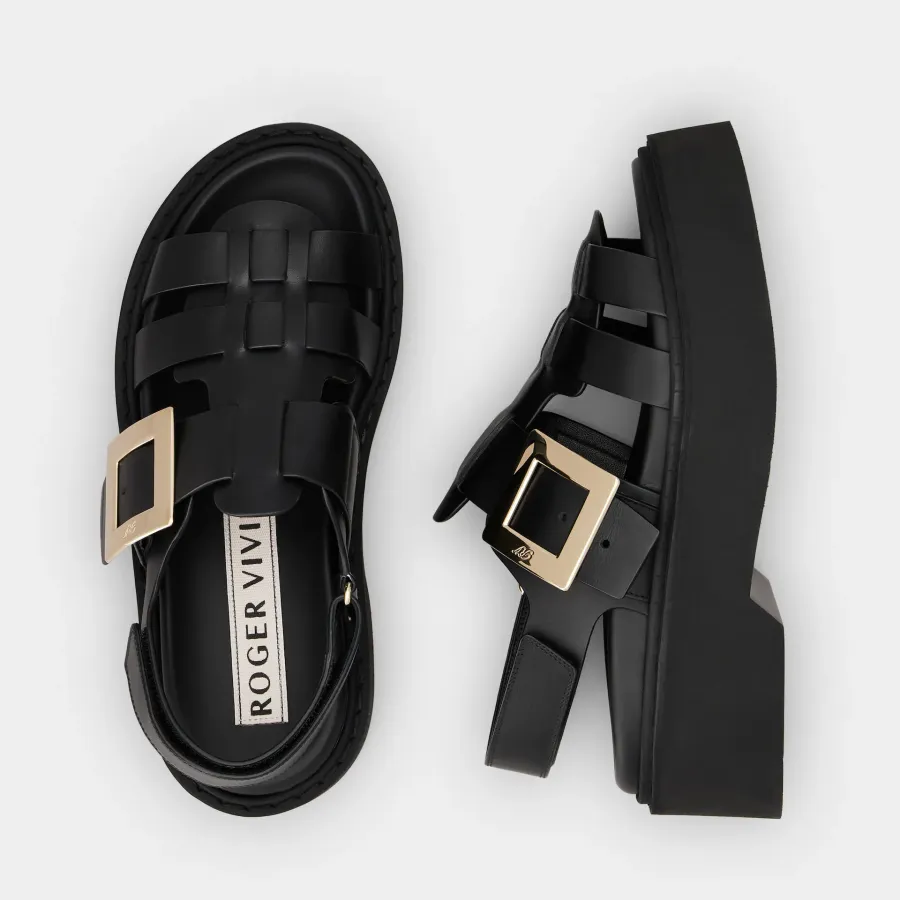Roger Vivier Viv' Rangers Sandals In Black Leather With Metal Buckle