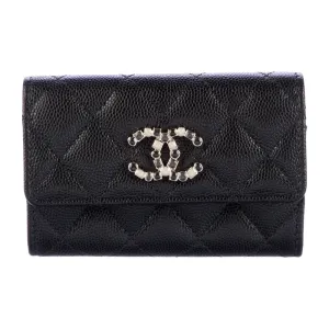 Chanel Small Interlocking CC Logo Wallet Black Quilted Caviar Leather Silver Hardware