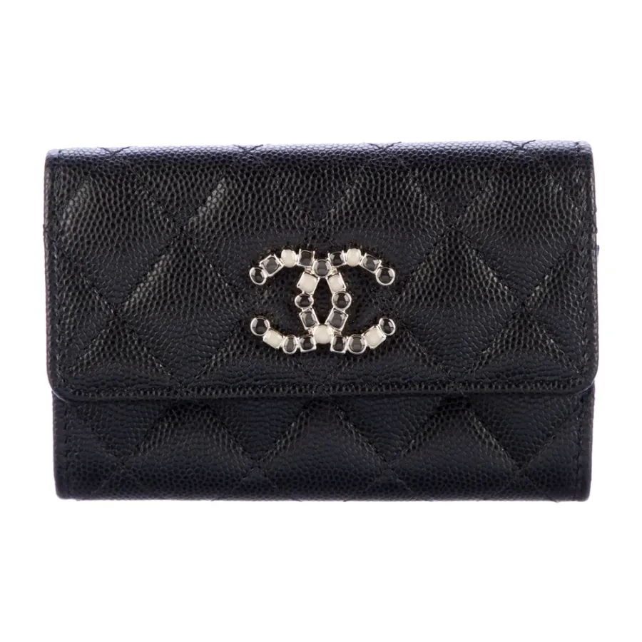 Chanel Small Interlocking CC Logo Wallet Black Quilted Caviar Leather Silver Hardware