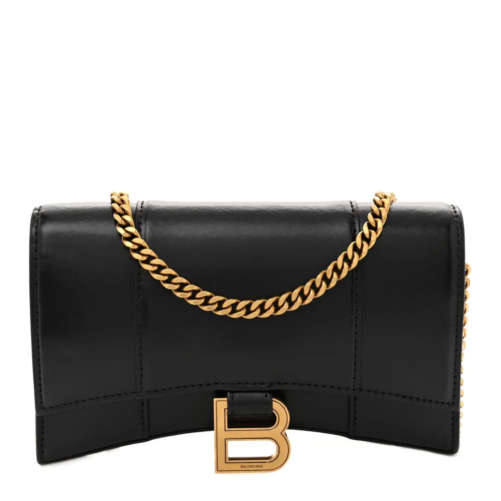Balenciaga XS Bolsa Hourglass com Corrente em Couro Box Calfskin Preto Brilhante com Hardware Dourado