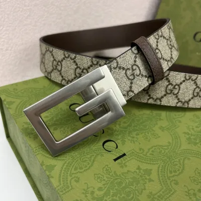 Gucci Men's Square G Buckle Reversible Belt In Black/Brown/Beige Monogram Calfskin And Canvas With Gold/Silver Hardware 25mm