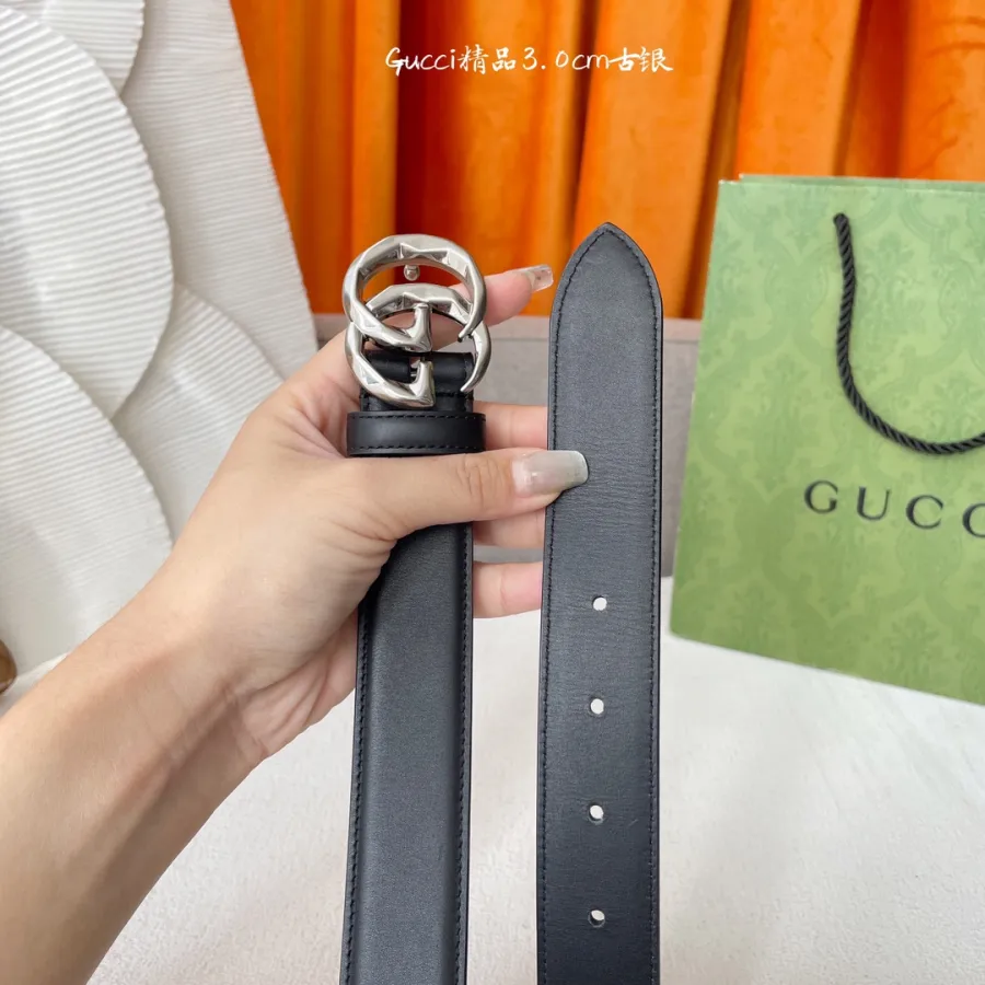 Gucci Women's GG Buckle Belt In Black/White/Brown Smooth Calfskin With Gold/Silver Hardware 30mm