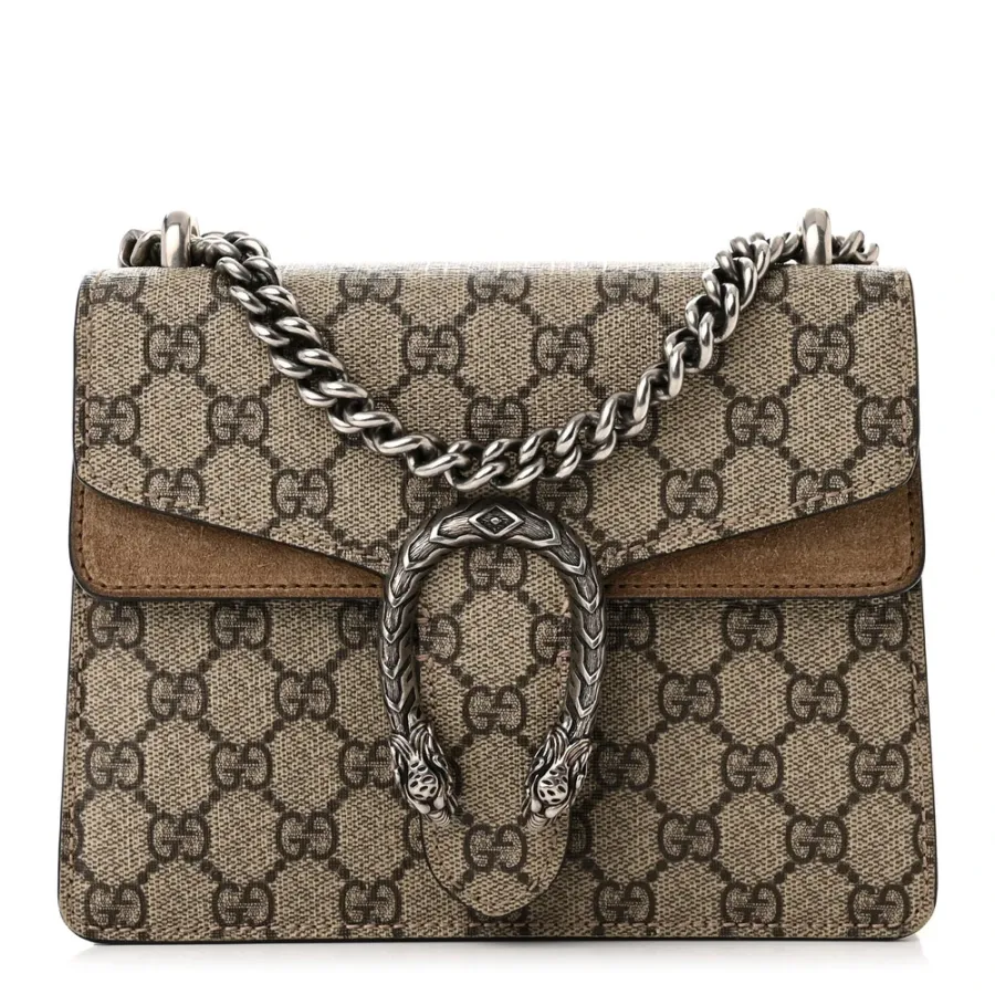 Gucci Mini Dionysus Shoulder Bag Taupe GG Supreme Monogram Canvas Aged Silver Hardware
