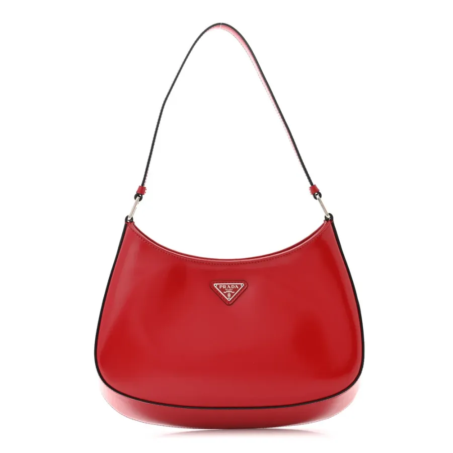 Prada Medium Cleo Shoulder Bag Scarlatto/Black Spazzolato Leather Silver Hardware