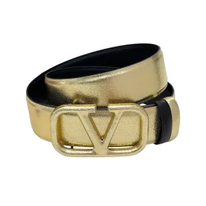 Valentino V Buckle Belt In Gold/Orange/Brown/Nude Smooth Calfskin With Gold/Orange/Brown/Nude Hardware 40mm