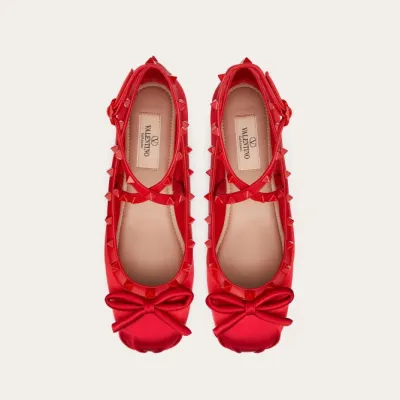 VALENTINO Rivet satin red ballet flats shoes