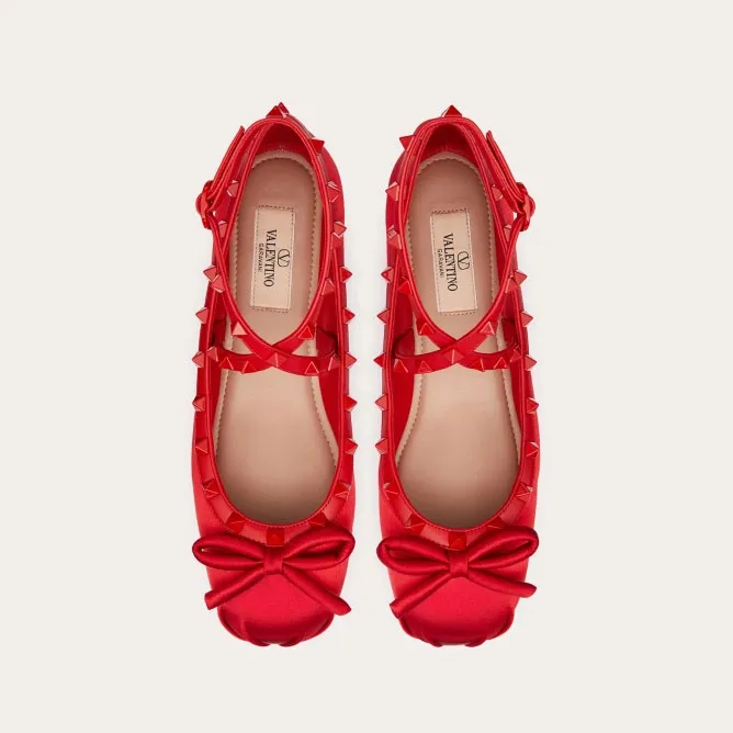 VALENTINO Rivet satin red ballet flats shoes