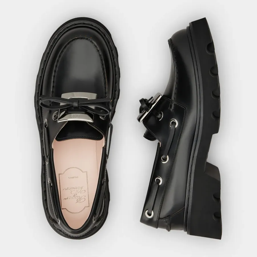 Roger Vivier Viv' Rangers Truck Boat Shoes Loafers In Black Leather With Metal Buckle (Heel Height 5cm)