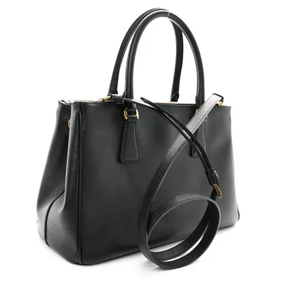 Prada Small Galleria Double Zip Tote Black Saffiano Leather Brass Hardware