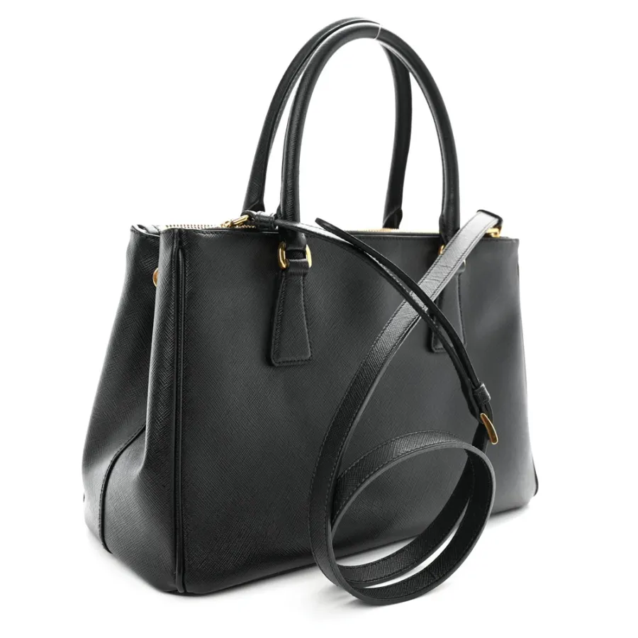 Prada Small Galleria Double Zip Tote Black Saffiano Leather Brass Hardware