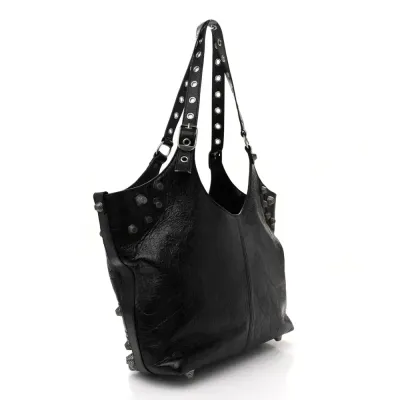 Balenciaga Medium Le Cagole Carry All Bag Black Agneau Arena Leather Silver Hardware