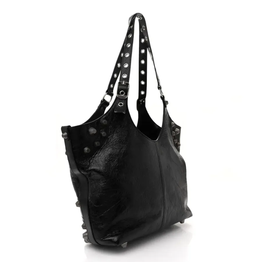 Balenciaga Medium Le Cagole Carry All Bag Black Agneau Arena Leather Silver Hardware