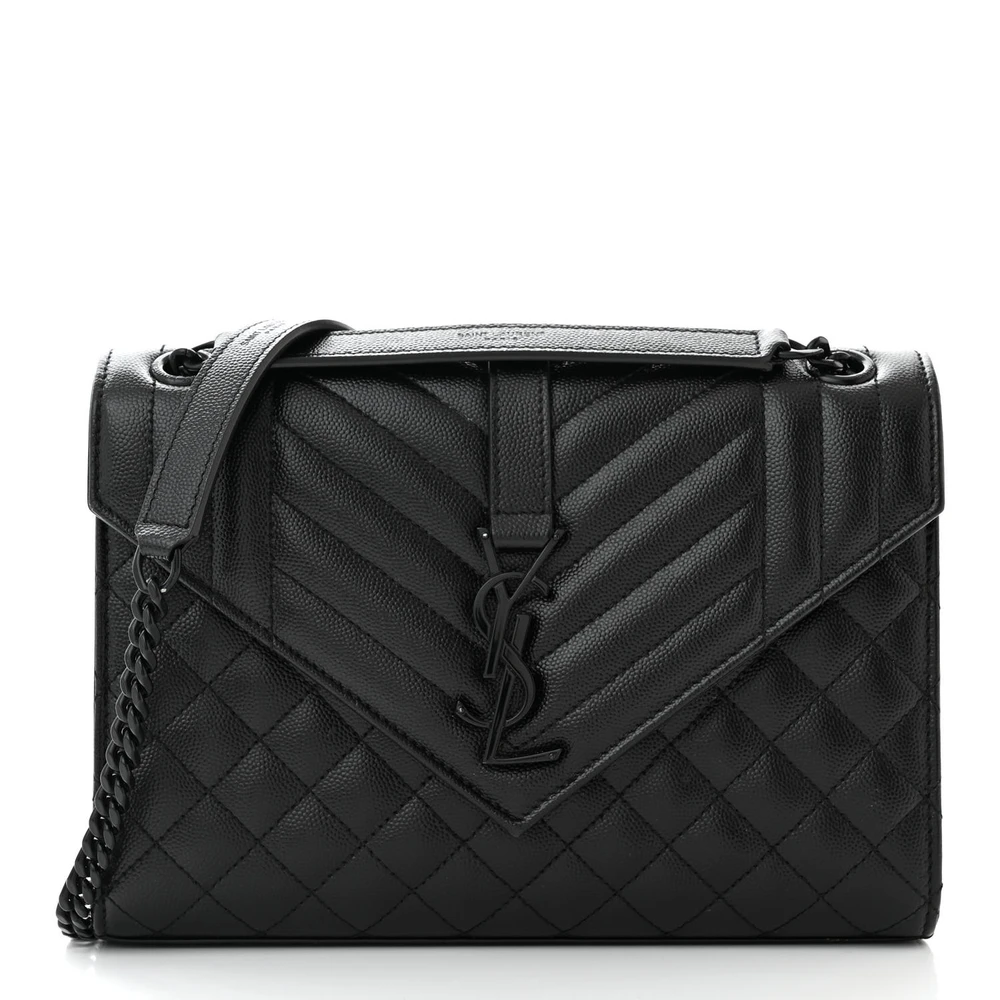 Saint Laurent Bolsa Média Satchel Preta Triquilt Monograma Monocromático Grão de Poudre Texturizado Couro Matelassê Misto Ferragens Pretas
