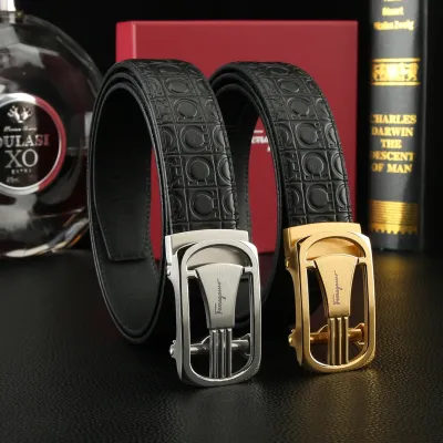 Ferragamo Men's Square Buckle Belt In Black Gancini Monogram Calfskin With Gold/Silver Hardware 35mm