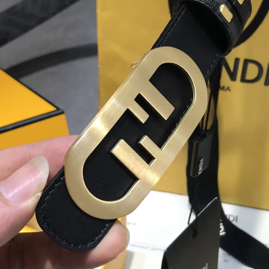 Fendi Women's O Lock Buckle Belt In Black Calfskin With Gold Hardware 30mm