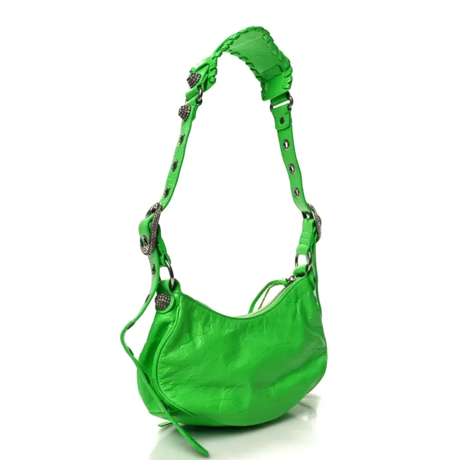 Balenciaga XS Crystal Le Cagole Shoulder Bag Fluo Green Agneau Arena Leather Silver Hardware