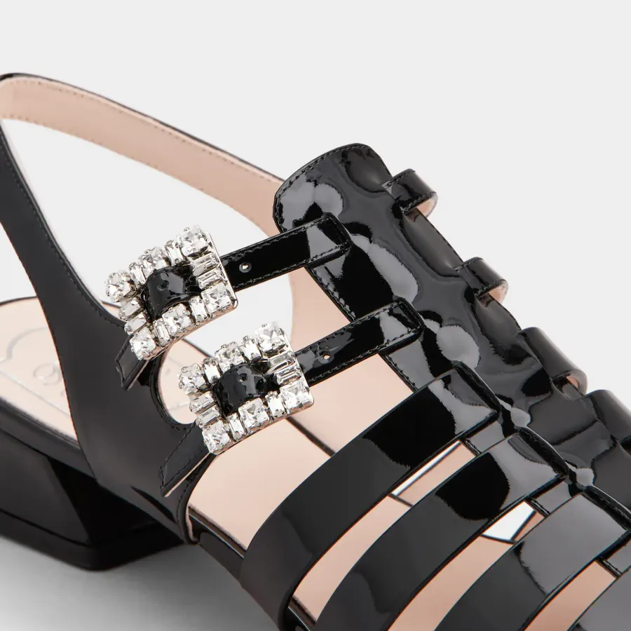 Roger Vivier Très Vivier Sandals In Black Patent Leather With Crystal Buckle (Heel Height 4.5cm)