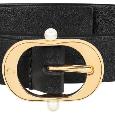 Dior Women' s Chic Belt With Pearls In Black Calfskin With Gold Hardware 20mm
