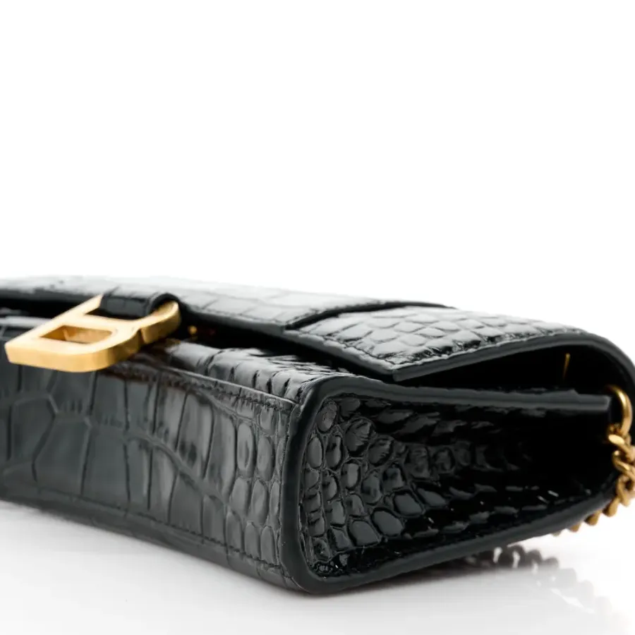 Balenciaga XS Hourglass Chain Bag Black Crocodile Embossed Shiny Calfskin Leather Gold Hardware