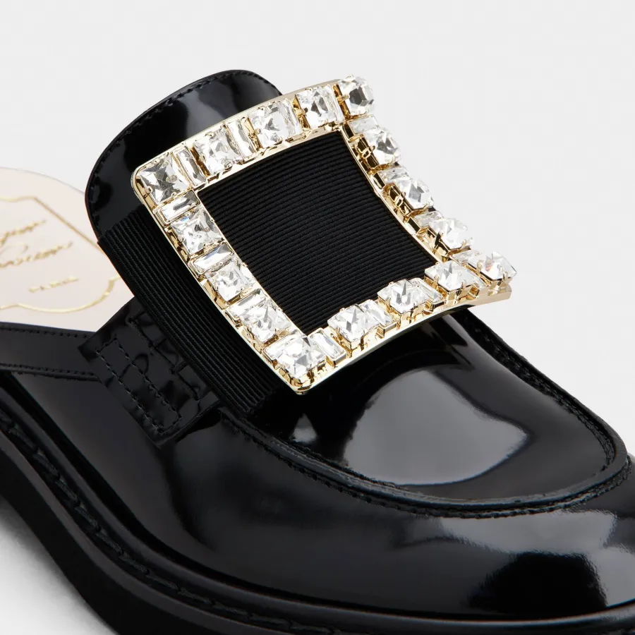 Roger Vivier Viv' Rangers Mules Loafers In Black Patent Leather With Crystal Buckle
