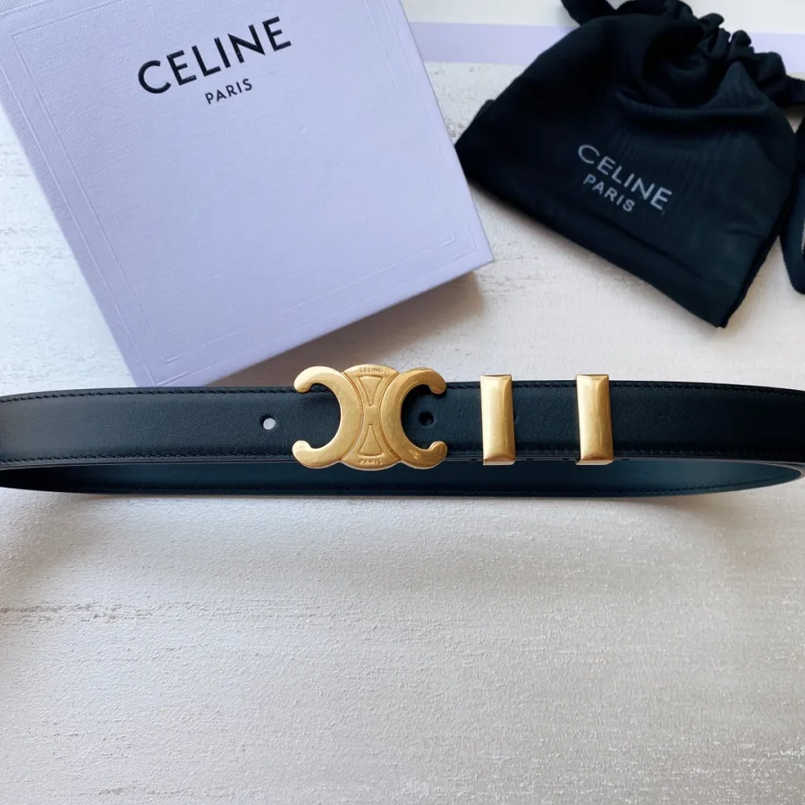 Celine Triomphe Buckle Belt In White/Brown/Black Calfskin With Gold Hardware 25mm