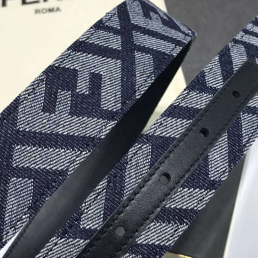 Fendi Men's Rectangle Buckle Belt In Blue Denim FF Monogram With Gold/Silver Hardware 35mm