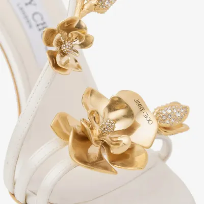 JIMMY CHOO Metallic floral embellished ivory white satin heel sandals