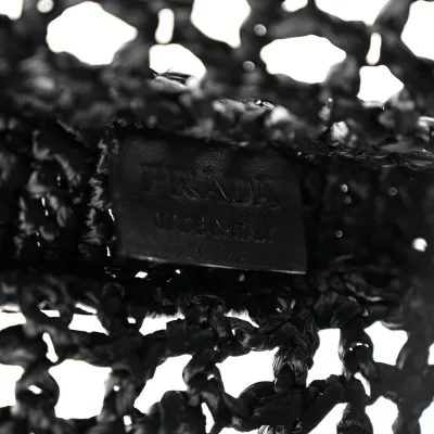 Prada Medium Effect Crochet Logo Embroidered Tote Bag Black Yarn Raffia