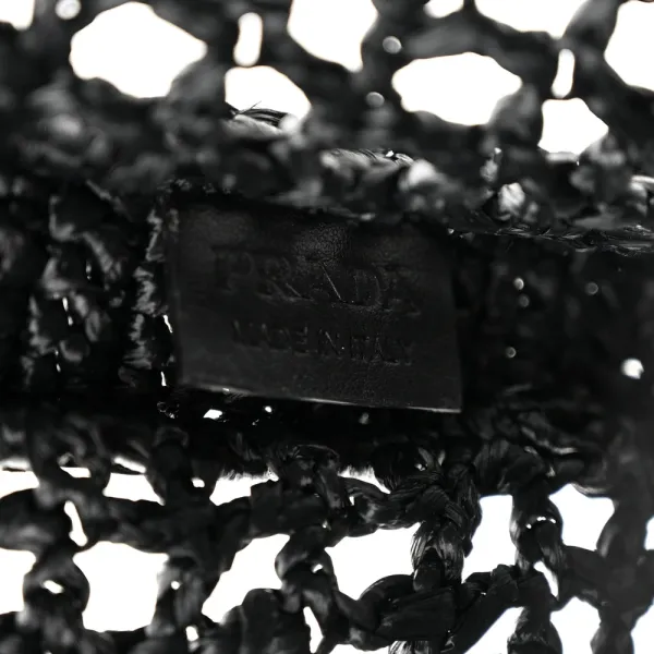 Prada Medium Effect Crochet Logo Embroidered Tote Bag Black Yarn Raffia - Image 2