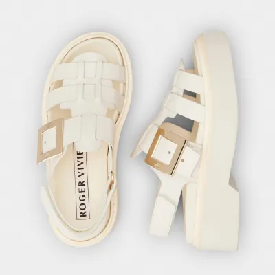 Roger Vivier Viv' Rangers Sandals In White Leather With Metal Buckle